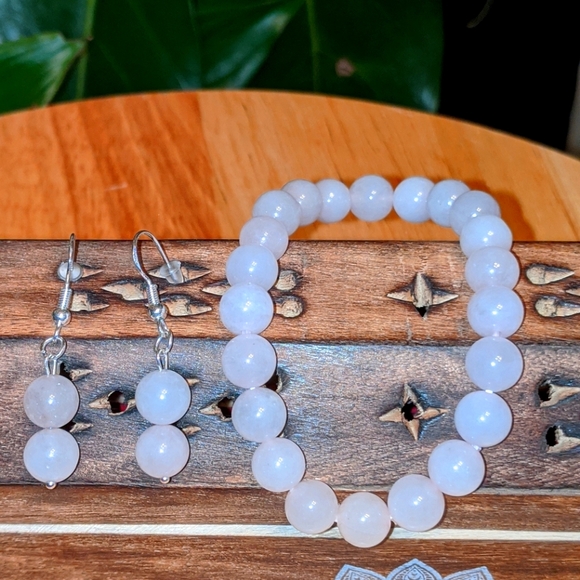 Rose Quartz set, beautiful Bracelet and sterling silver 925 stamped earrings - Picture 1 of 3